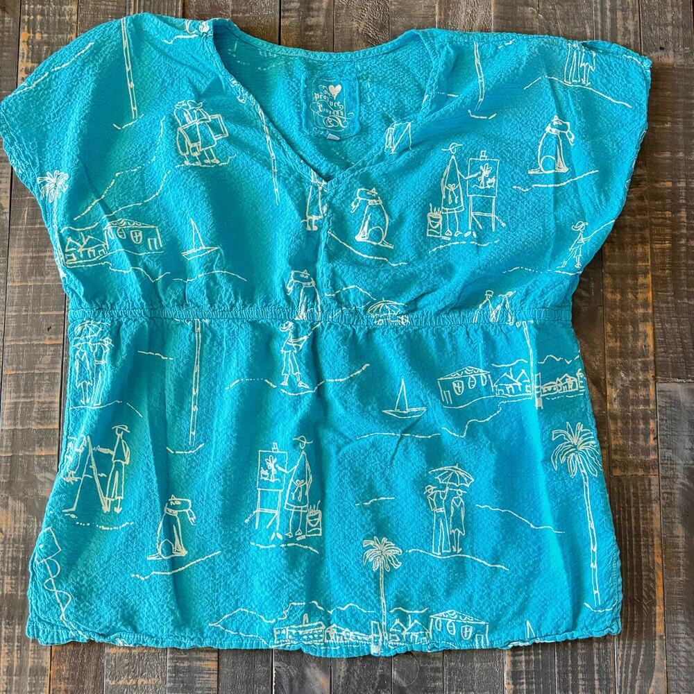 Produce Company‎ 100% Cotton Top Blouse Shirt Blue Waffle Texture Size-1X